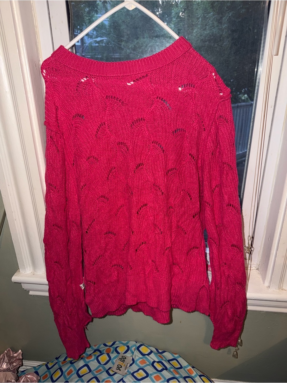 Open-Knit Crewneck Sweater in Bright Pink